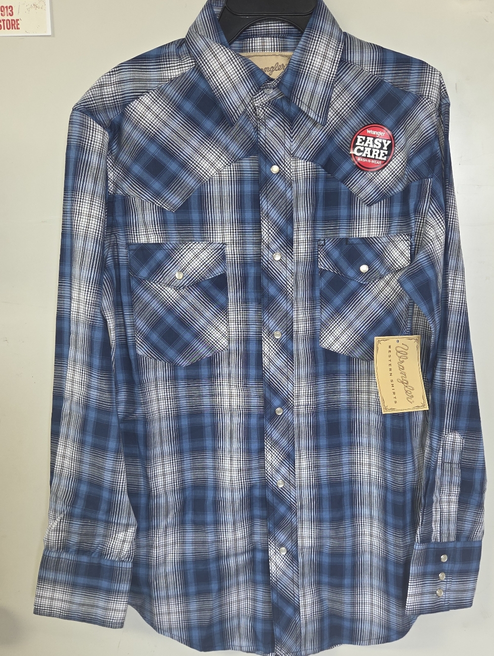 Wrangler Blue and White Plaid Western Pearl Button-Up Shirt